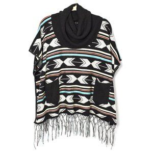Southwest Boho Cowl Neck Fringe Poncho Sweater